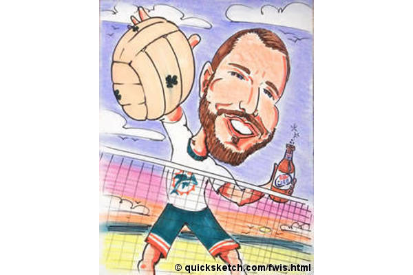 marker and pastel caricature of a guy playing beach volleyball from where i stand Affordable fine art prints and custom paintings by marty macaluso artist website